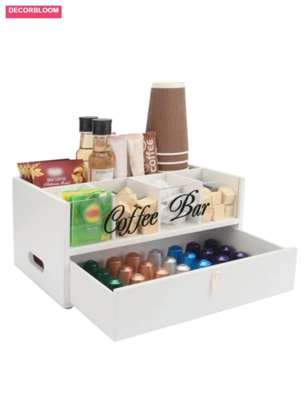 2-Tier Coffee Bar Organizer with Clear Acrylic Top, Built-in Drawer, Solid Wood